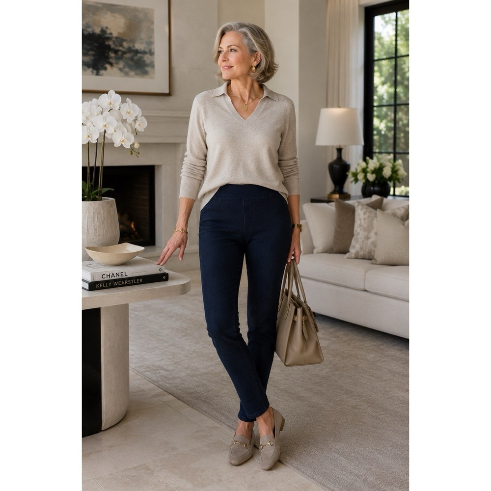 Eileen Fisher Pull On Jeans Size Large Dark‎ Wash Denim Jeggings Stretch